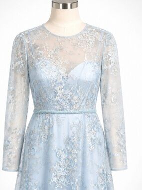 Mac Duggal Pale Blue Lace Long Sleeve A-Line Dress